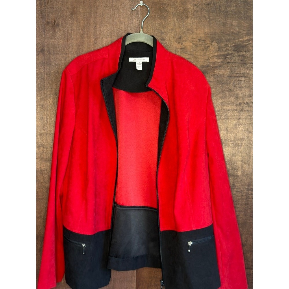 JM Collection Womens Red Black Faux Suede Colorblock Full Zip Jacket Size 16